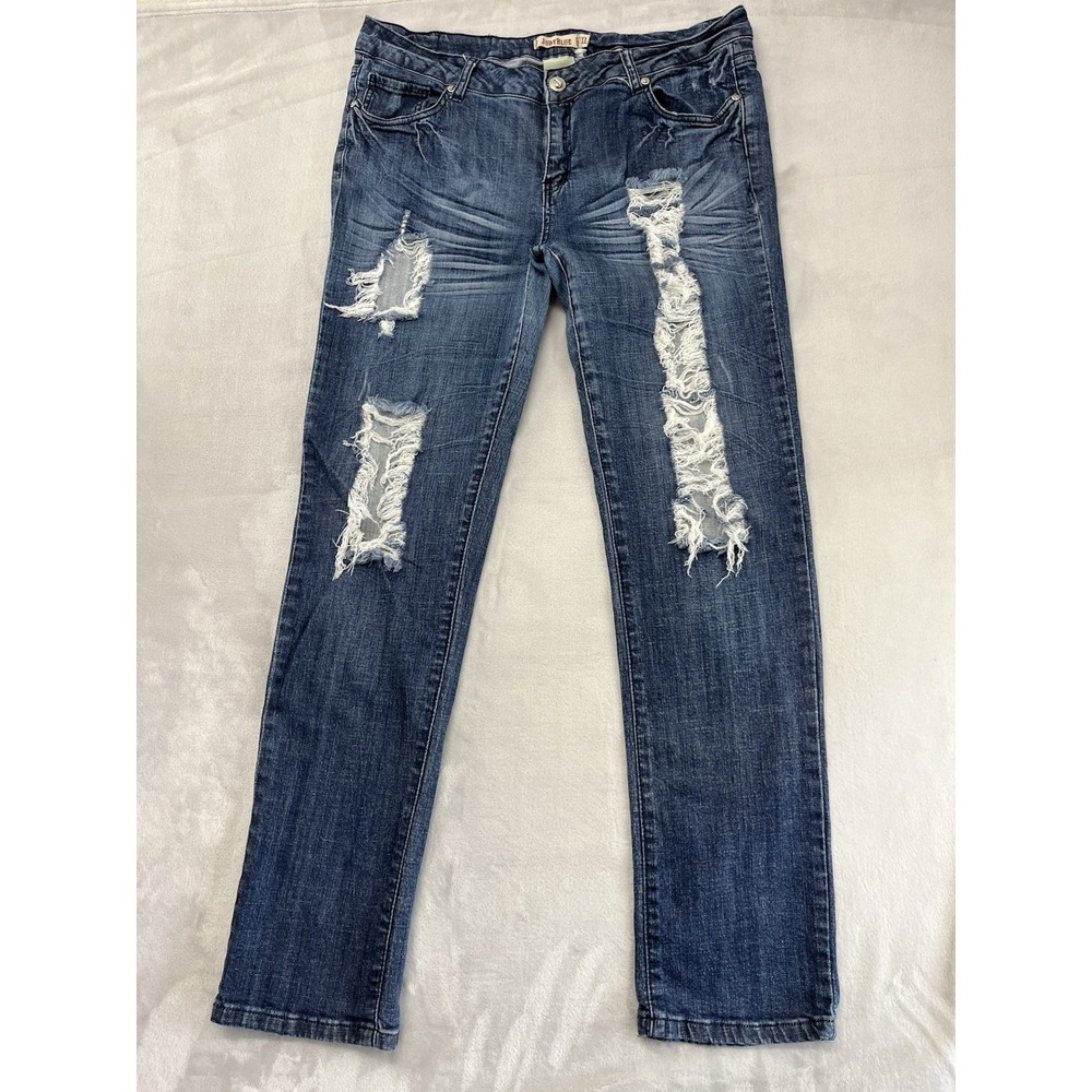 Judy Blue Straight Jeans Women XL Blue Distressed Stretch Whisker P8013 EC